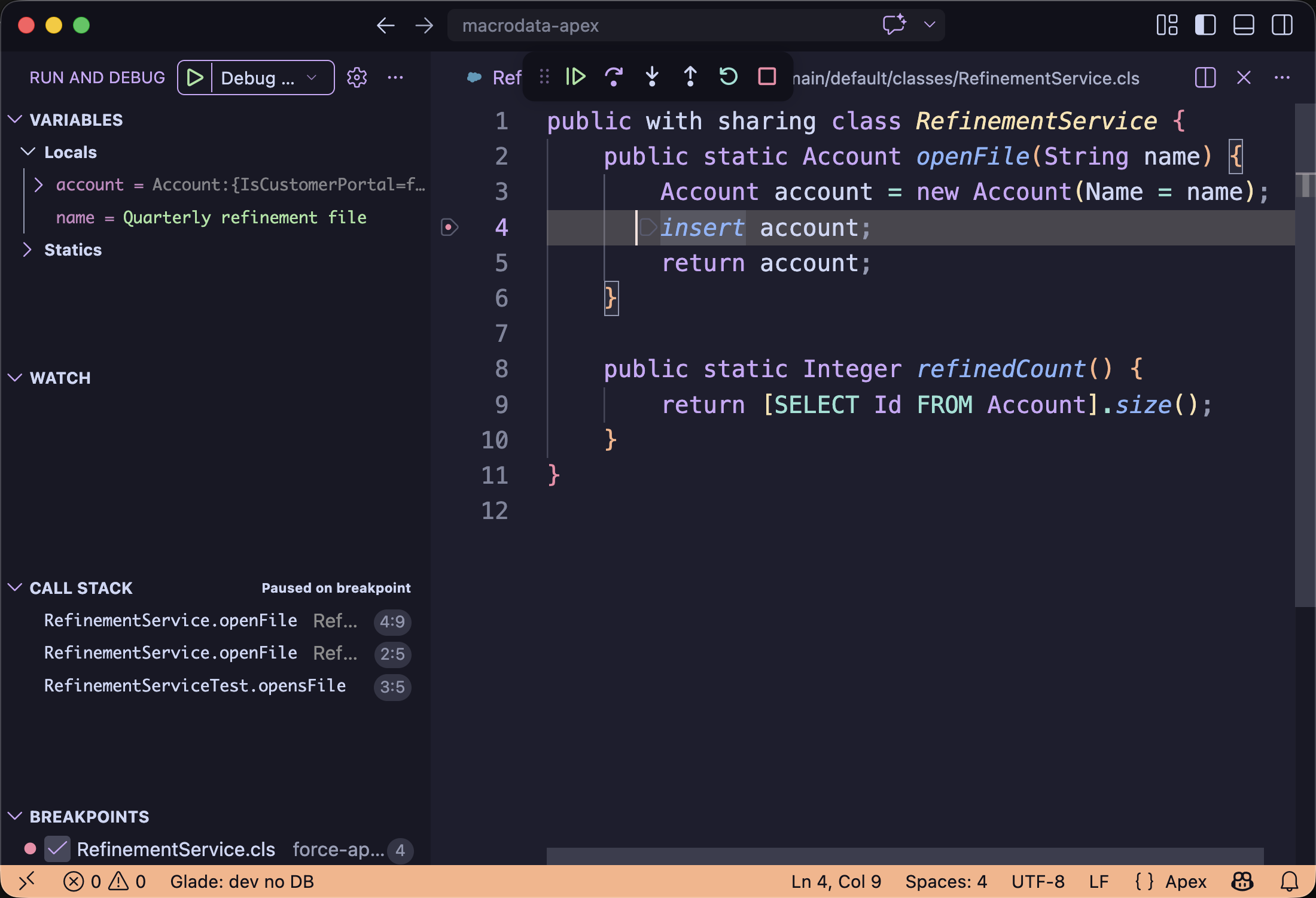 VS Code showing Run and Debug during local Apex debug