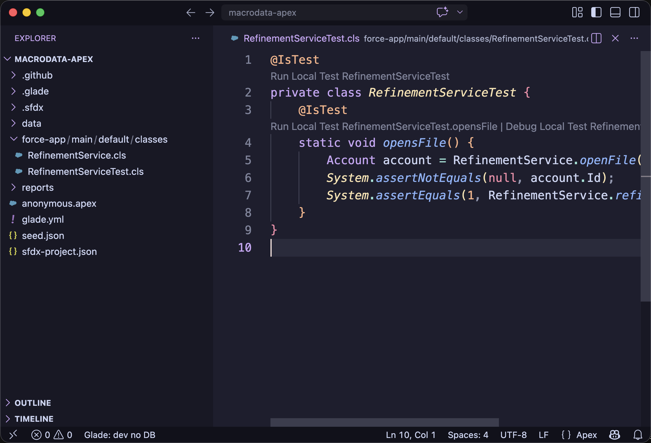 VS Code showing Glade local test CodeLens