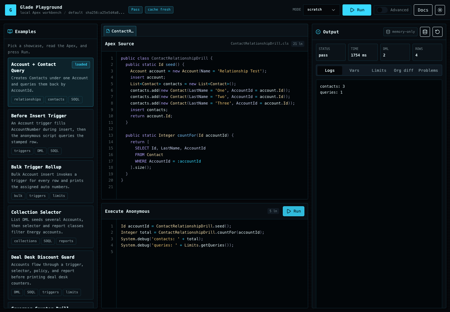 Glade Playground showing built-in examples, Apex source, the Run action, and a passing local result